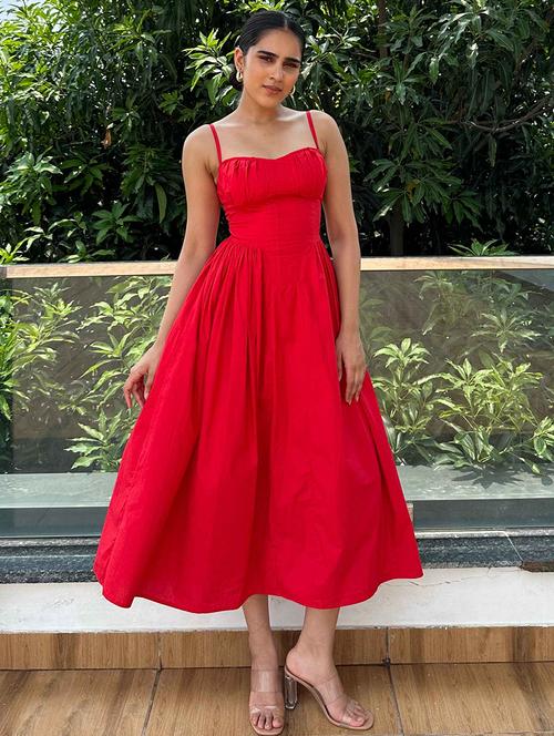 women red solid shoulder strap fit & flare dress - 21981810 -  Standard Image - 0