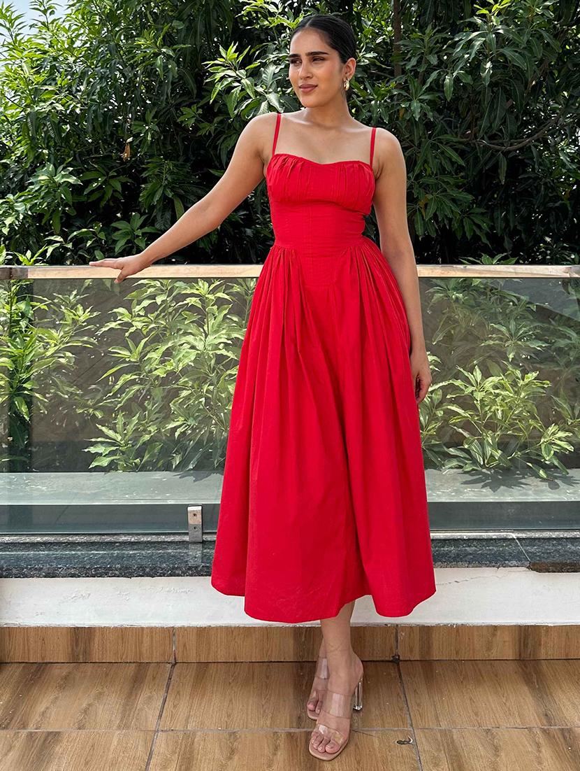 women red solid shoulder strap fit & flare dress - 21981810 - Standard Image - 3