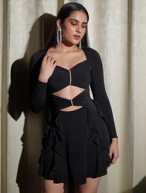 women black solid long sleeve cut out ruffle dress - 21981812 - Standard Image - 0