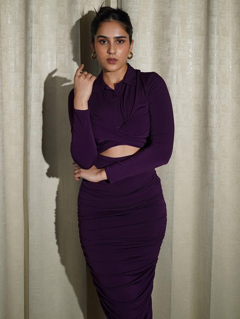 women solid long sleeve cut out ruched dress - 21981813 - Standard Image - 5