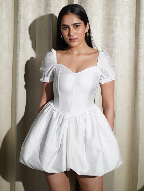 women white solid puff sleeve ballon dress - 21981817 -  Standard Image - 0