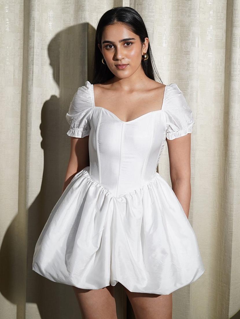 women white solid puff sleeve ballon dress - 21981817 -  Zoom Image - 0