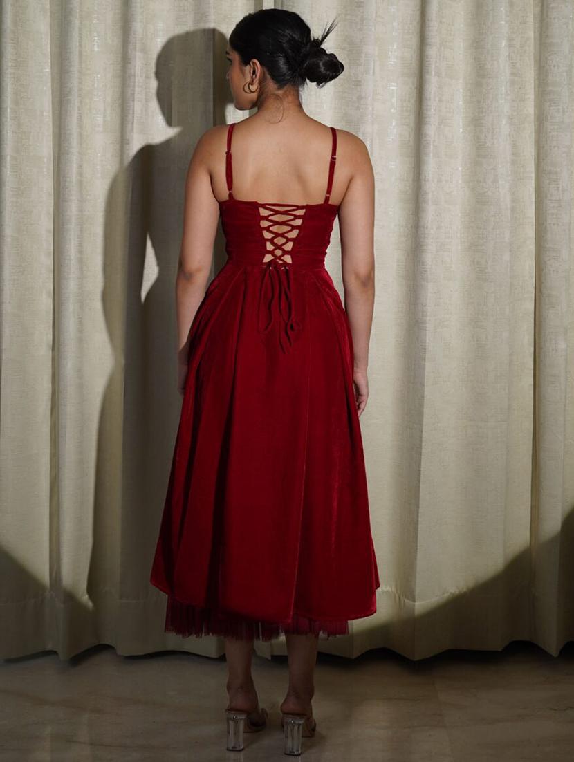 women solid shoulder strap velvet fit & flare dress - 21981826 - Standard Image - 3