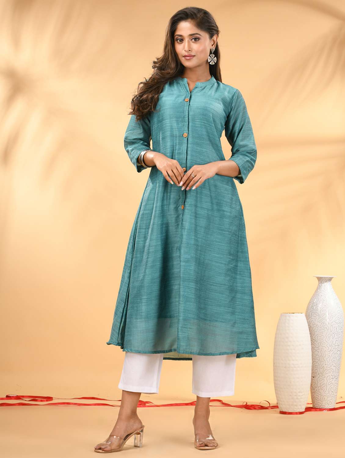 women self design three quarter sleeve a-line kurta