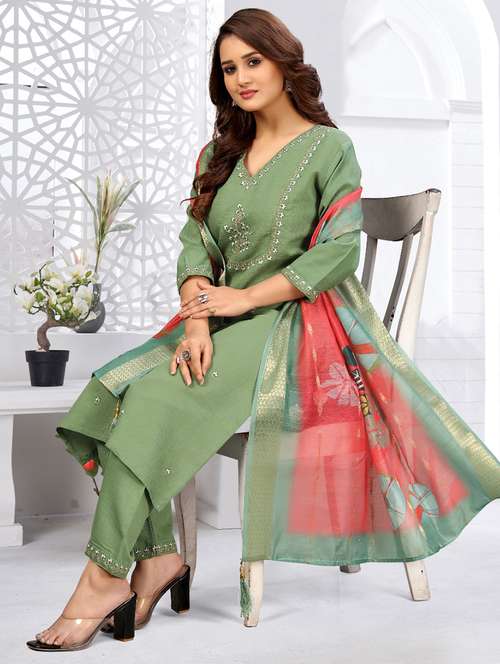 women three quarter sleeve kurta pant with dupatta set - 21981852 -  Standard Image - 0