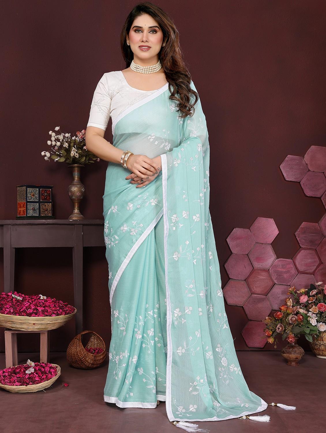 women turquoise embroidered saree with blouse - 21981932 - Zoom Image - 0