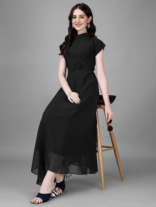 women solid mandarin neck fit & flare maxi dress - 21981946 - Standard Image - 0