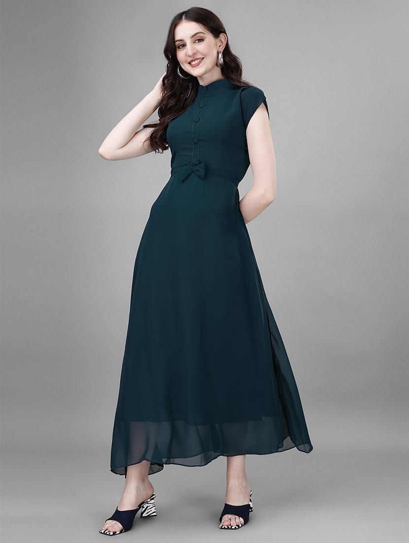 women solid mandarin neck fit & flare maxi dress - 21981950 - Zoom Image - 0