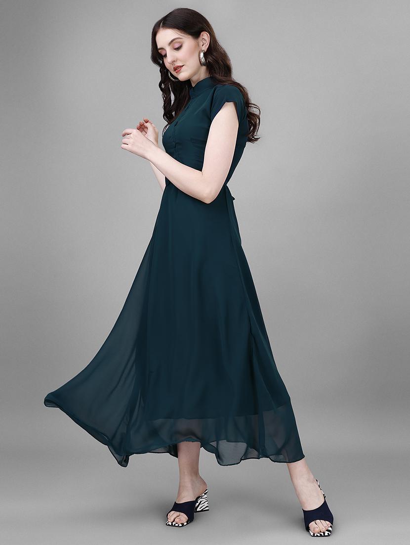 women solid mandarin neck fit & flare maxi dress - 21981950 - Standard Image - 3
