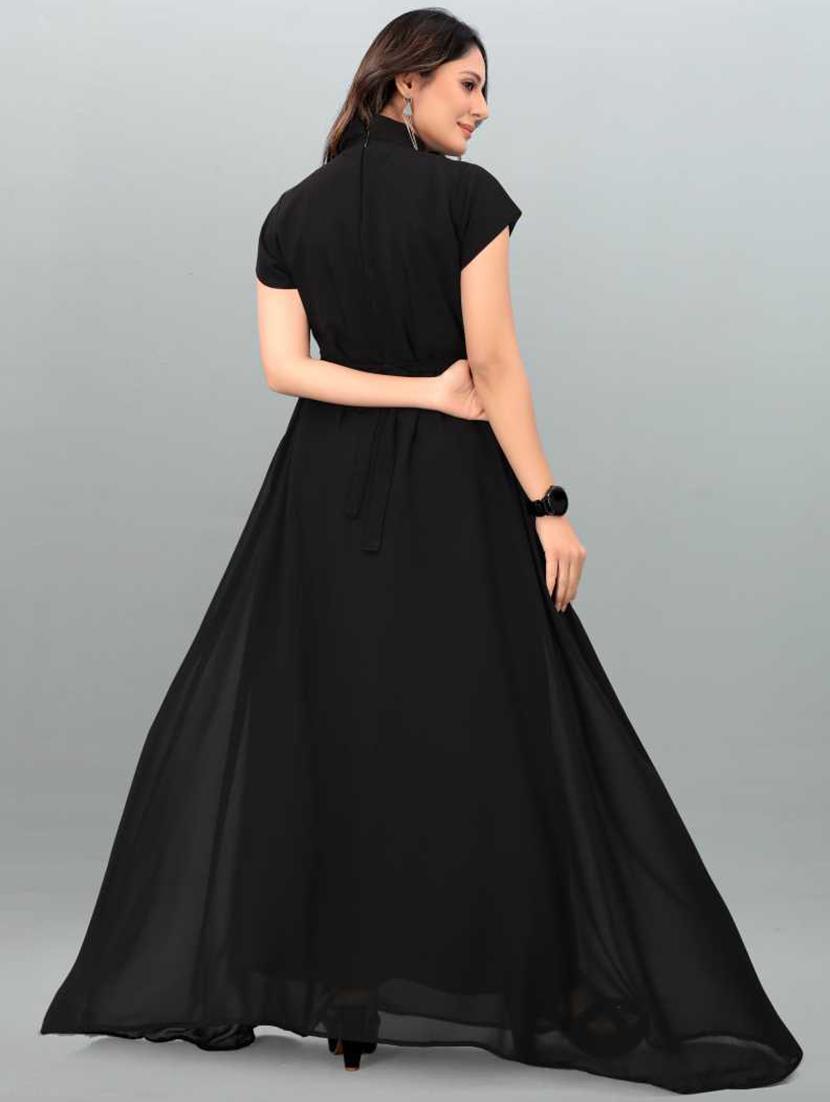 women solid mandarin neck fit & flare maxi dress - 21981955 - Standard Image - 3
