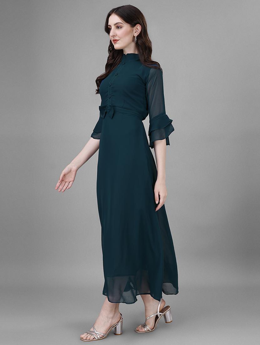 women solid mandarin neck fit & flare maxi dress - 21981983 - Standard Image - 3