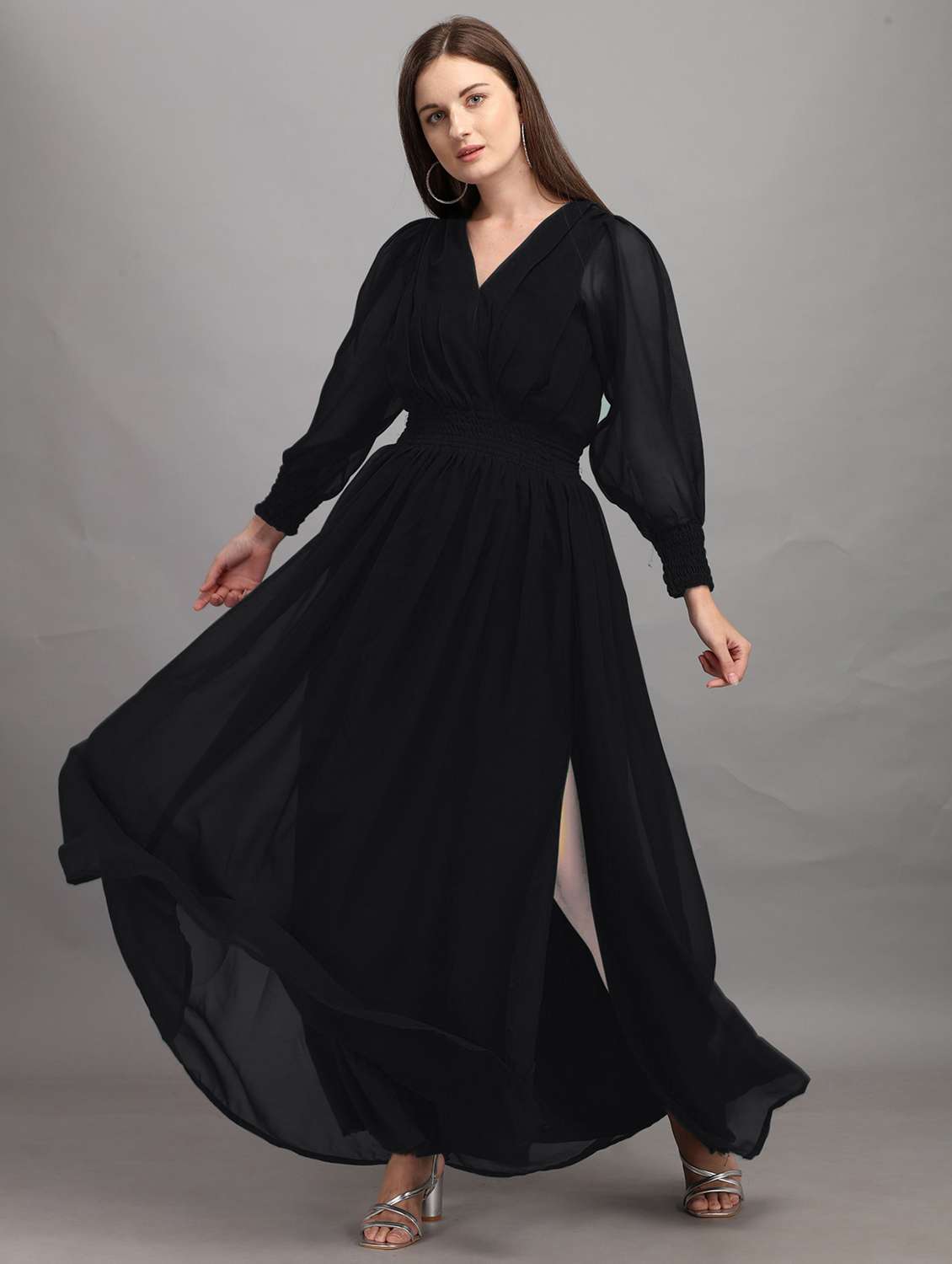 women solid puff sleeve fit & flare maxi dress - 21981993 -  Zoom Image - 0
