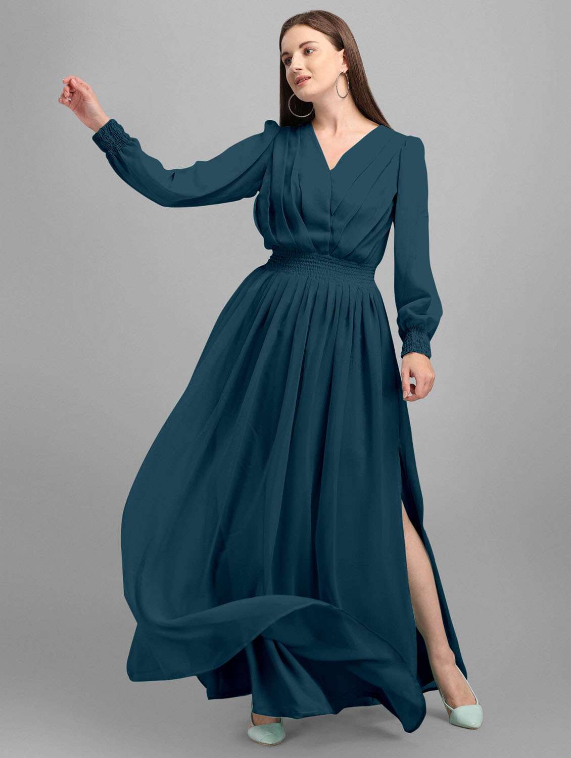 women solid puff sleeve side slit fit & flare dress