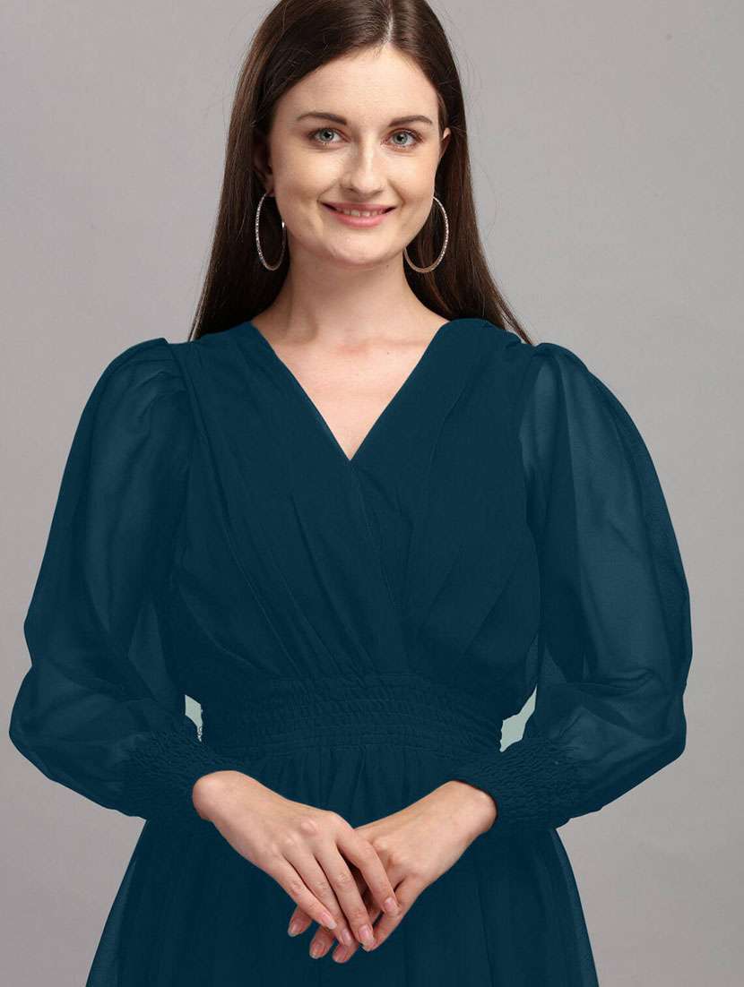 women solid puff sleeve side slit fit & flare dress - 21981994 -  Standard Image - 3