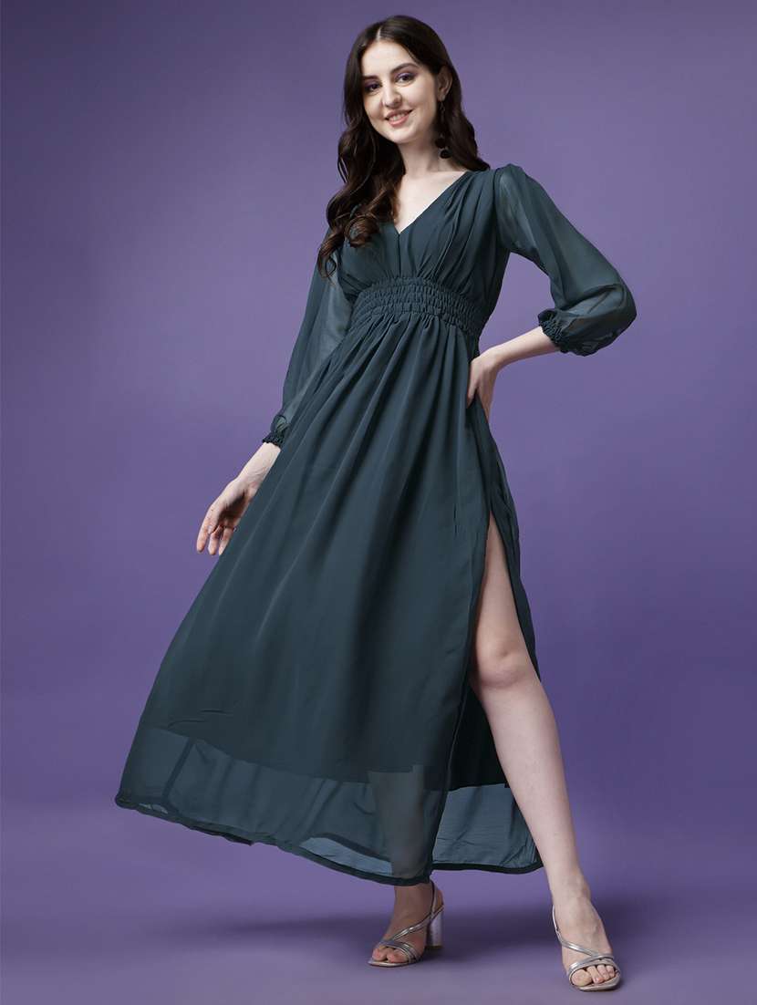 women solid puff sleeve fit & flare maxi dress - 21981998 -  Zoom Image - 0