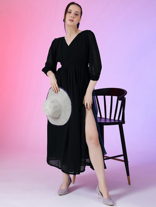 women solid puff sleeve fit & flare maxi dress - 21982005 - Standard Image - 0