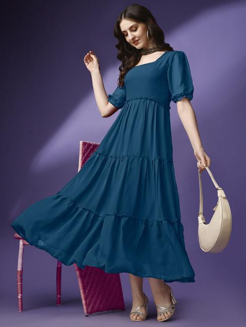 women solid puff sleeve tiered maxi dress - 21982034 - Standard Image - 0