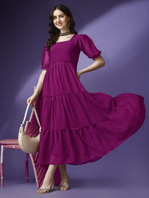 women solid puff sleeve tiered maxi dress - 21982041 -  Standard Image - 0