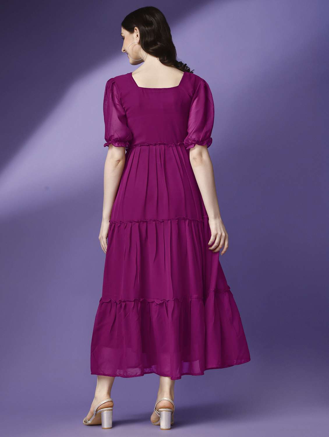 women solid puff sleeve tiered maxi dress - 21982041 -  Standard Image - 3