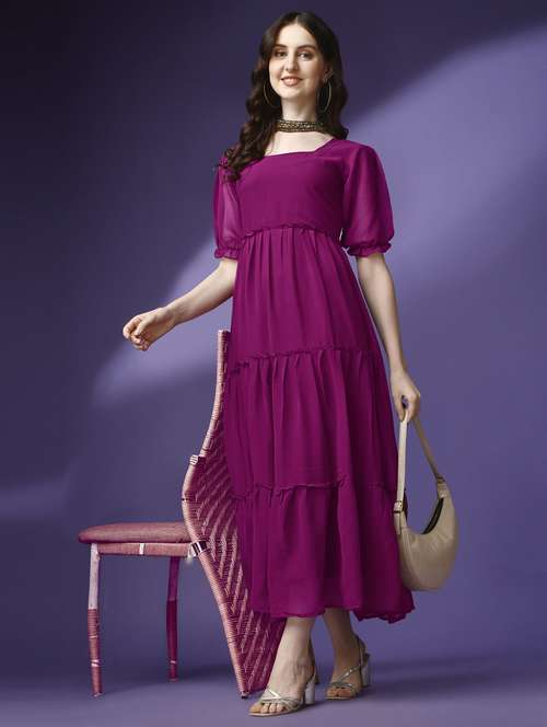 women solid puff sleeve tiered maxi dress - 21982044 -  Standard Image - 0