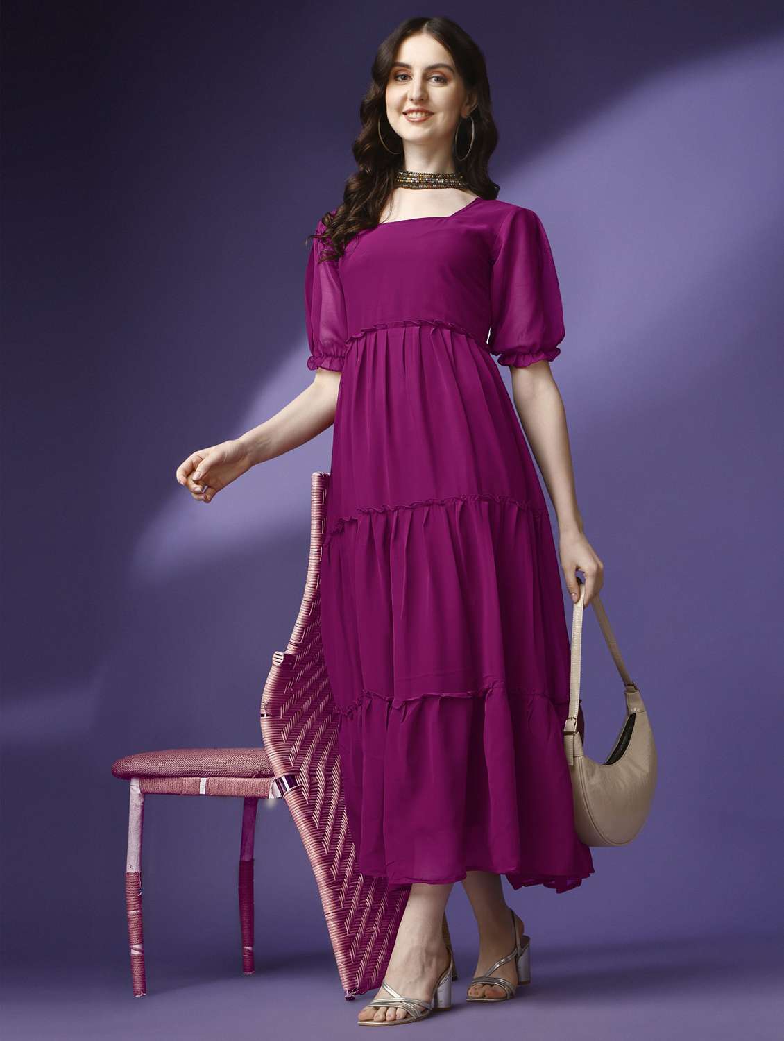 women solid puff sleeve tiered maxi dress