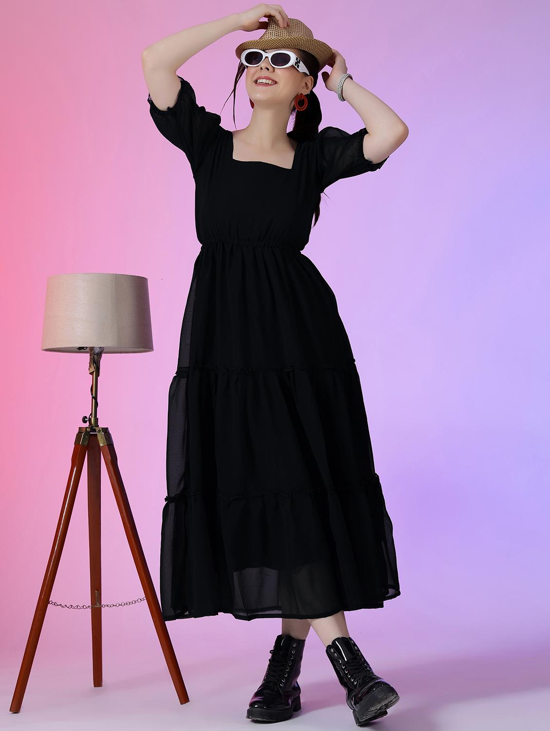 women solid puff sleeve tiered maxi dress - 21982045 -  Zoom Image - 0