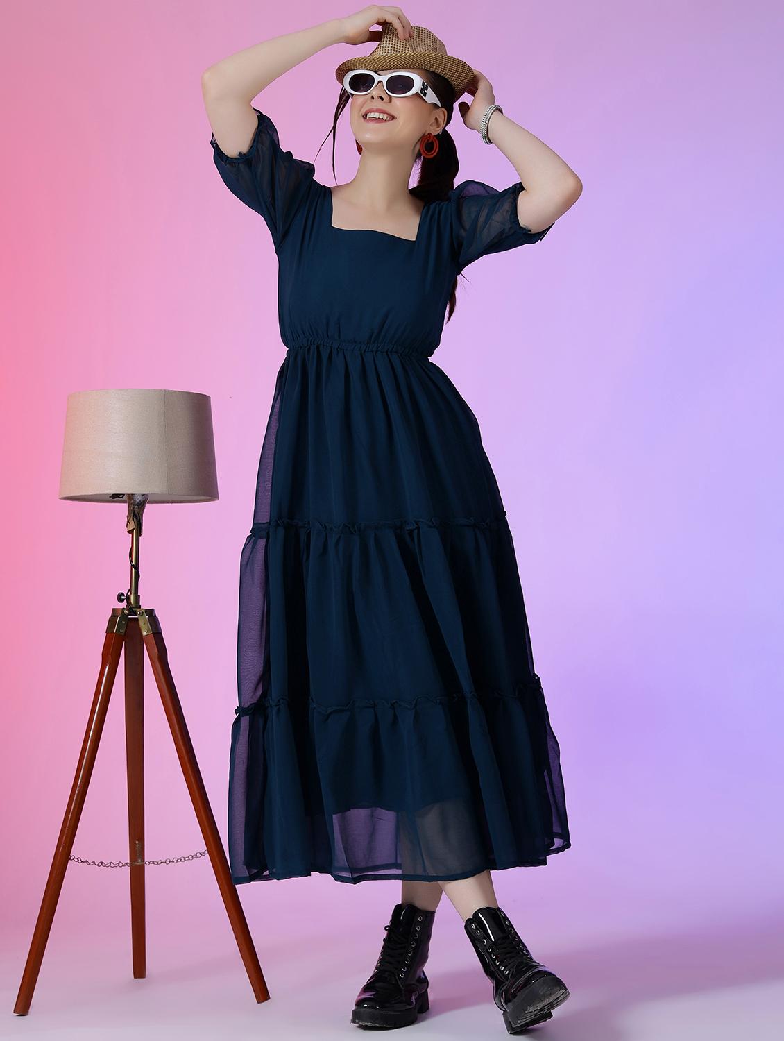 women solid puff sleeve tiered maxi dress - 21982046 -  Zoom Image - 0