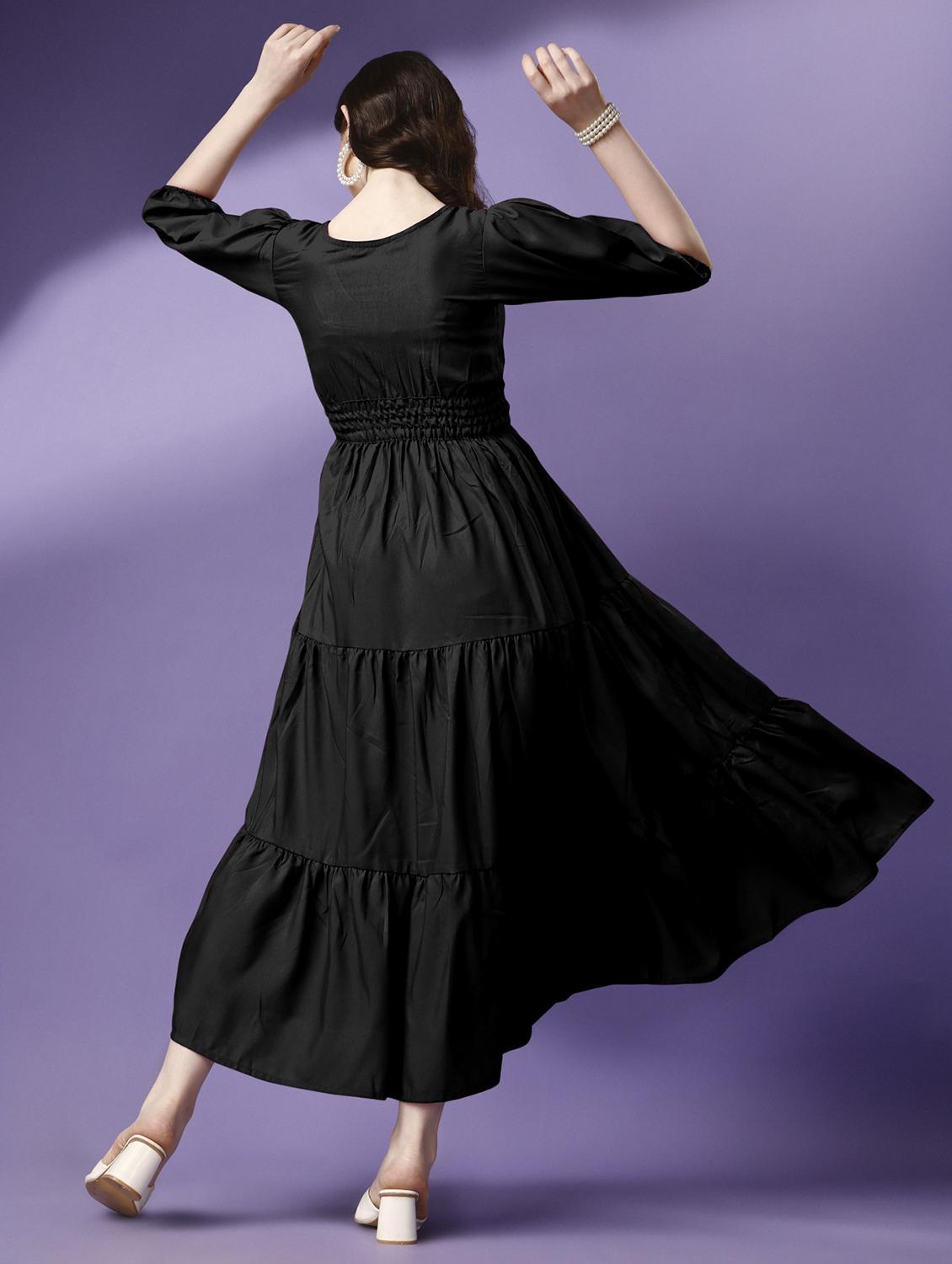 women solid puff sleeve tiered maxi dress - 21982069 - Standard Image - 3