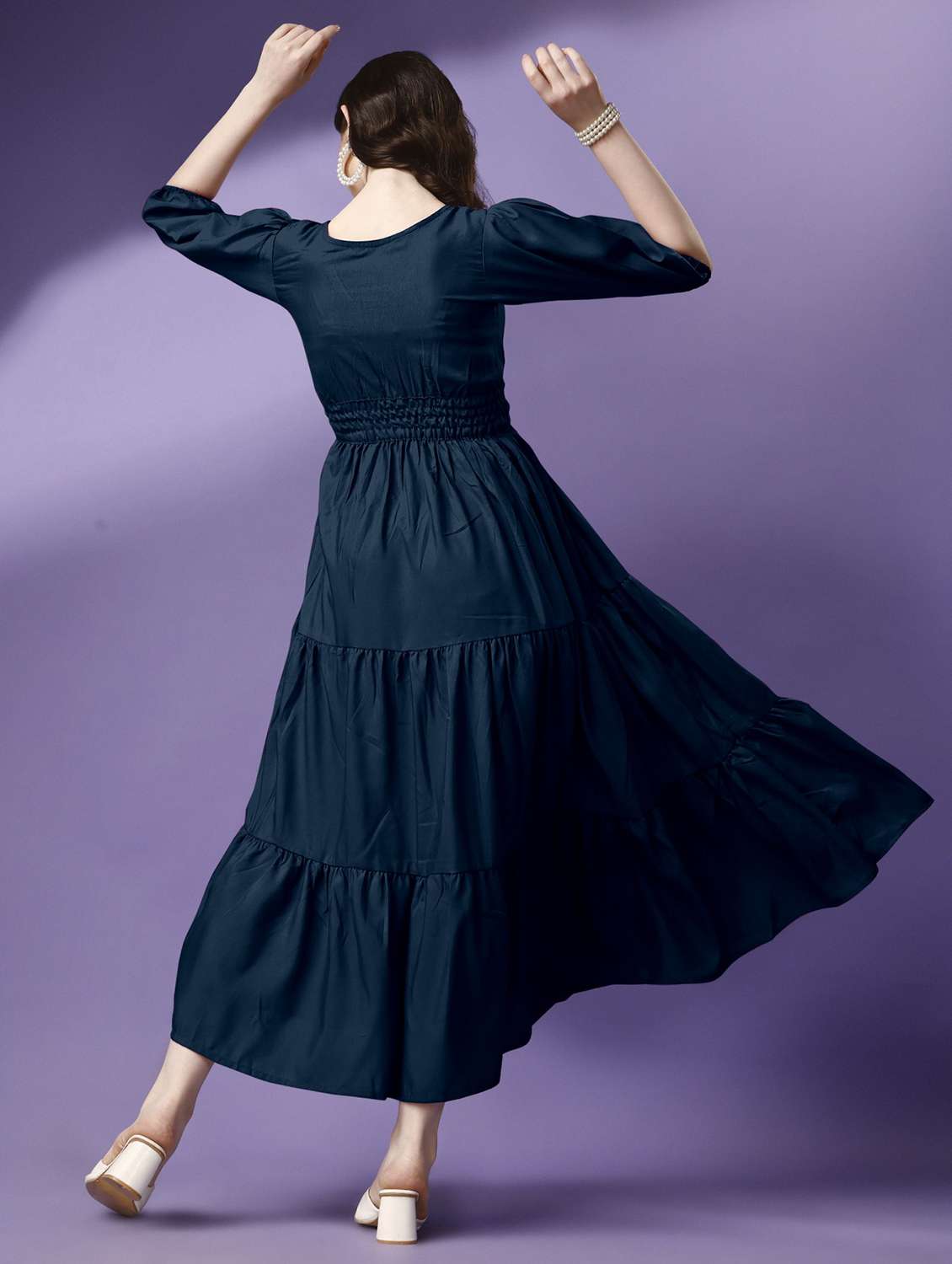 women solid puff sleeve tiered maxi dress - 21982070 -  Standard Image - 3