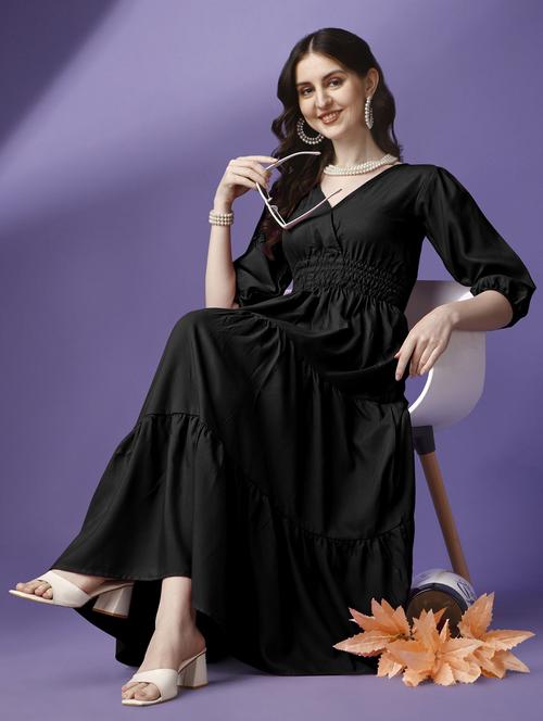 women solid puff sleeve tiered maxi dress - 21982071 - Standard Image - 0