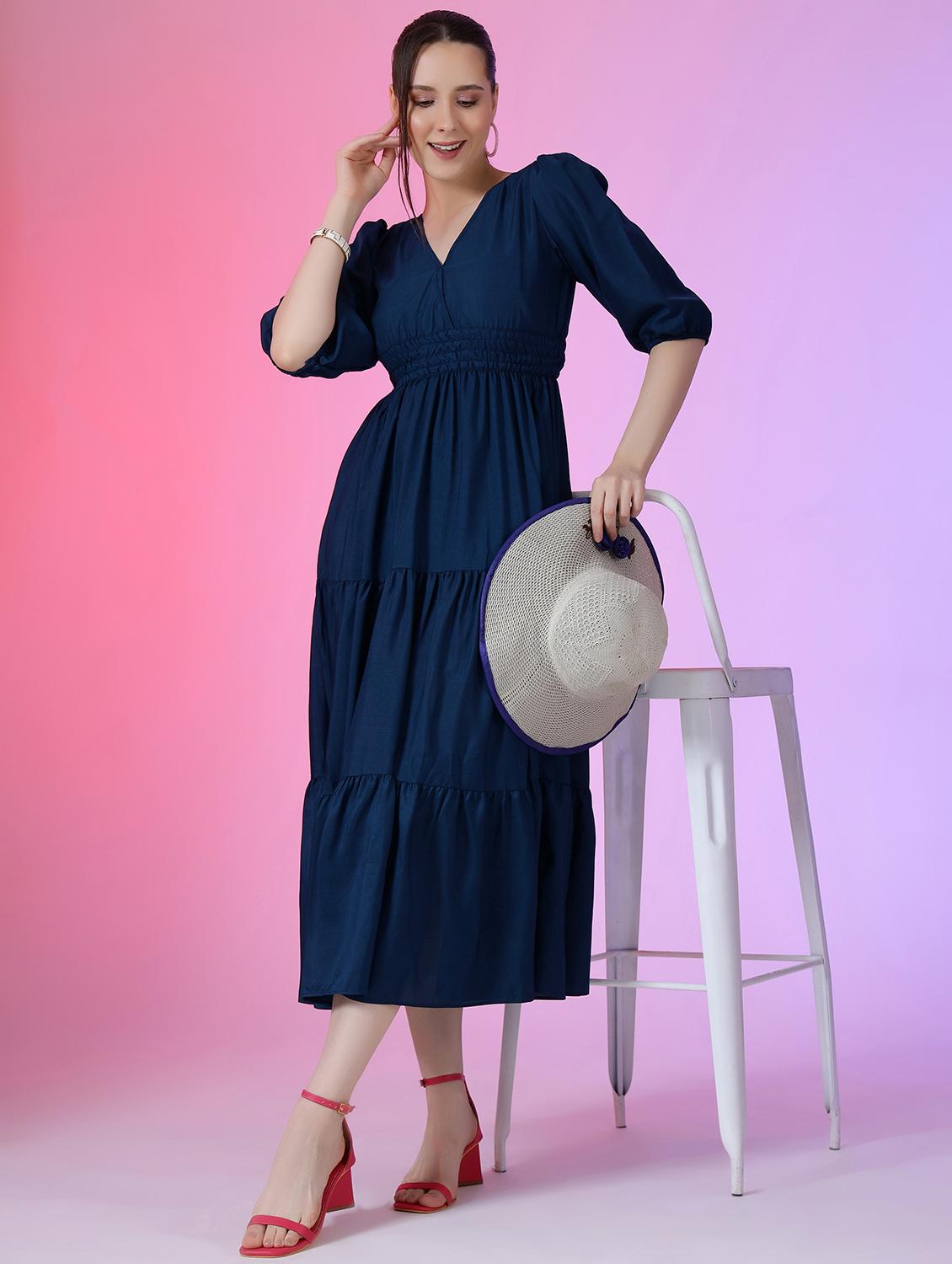 women solid puff sleeve tiered dress - 21982074 - Zoom Image - 0