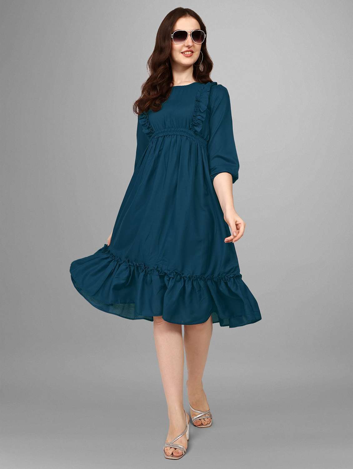 women solid puff sleeve tiered dress