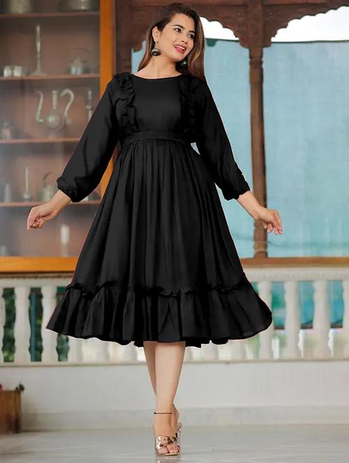 women solid puff sleeve tiered dress - 21982109 - Standard Image - 0
