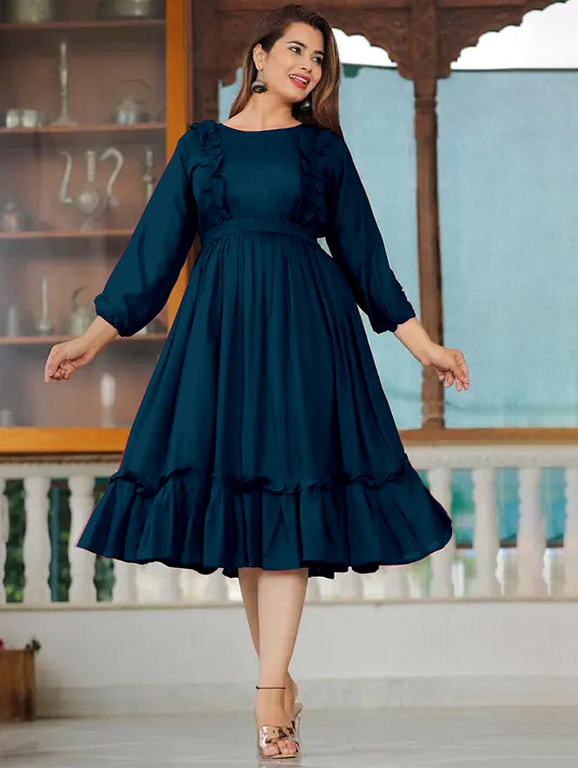 women solid puff sleeve tiered dress