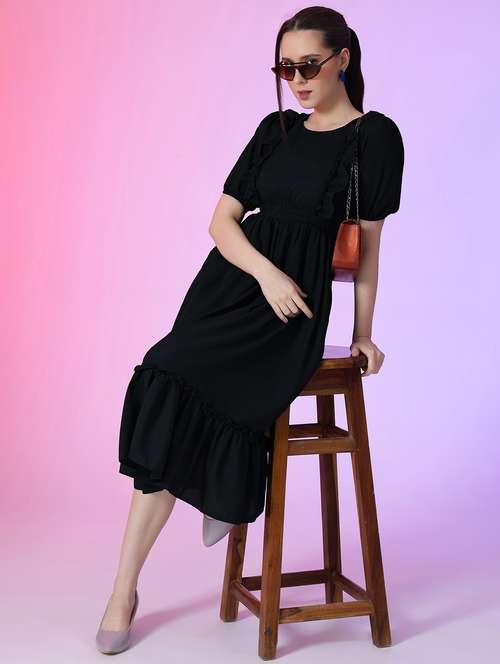 women solid puff sleeve tiered dress - 21982111 -  Standard Image - 0