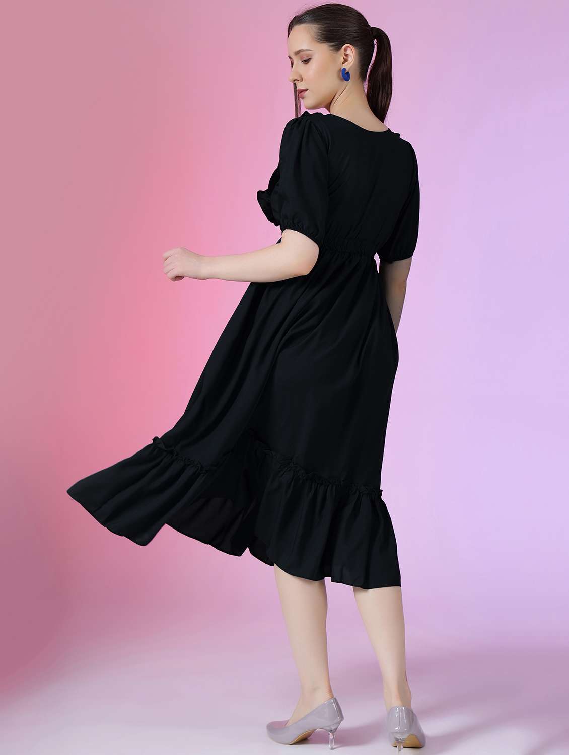 women solid puff sleeve tiered dress - 21982111 -  Standard Image - 3