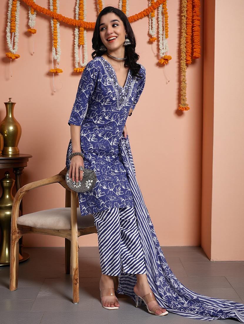 women three quarter sleeve kurta pant with dupatta set
