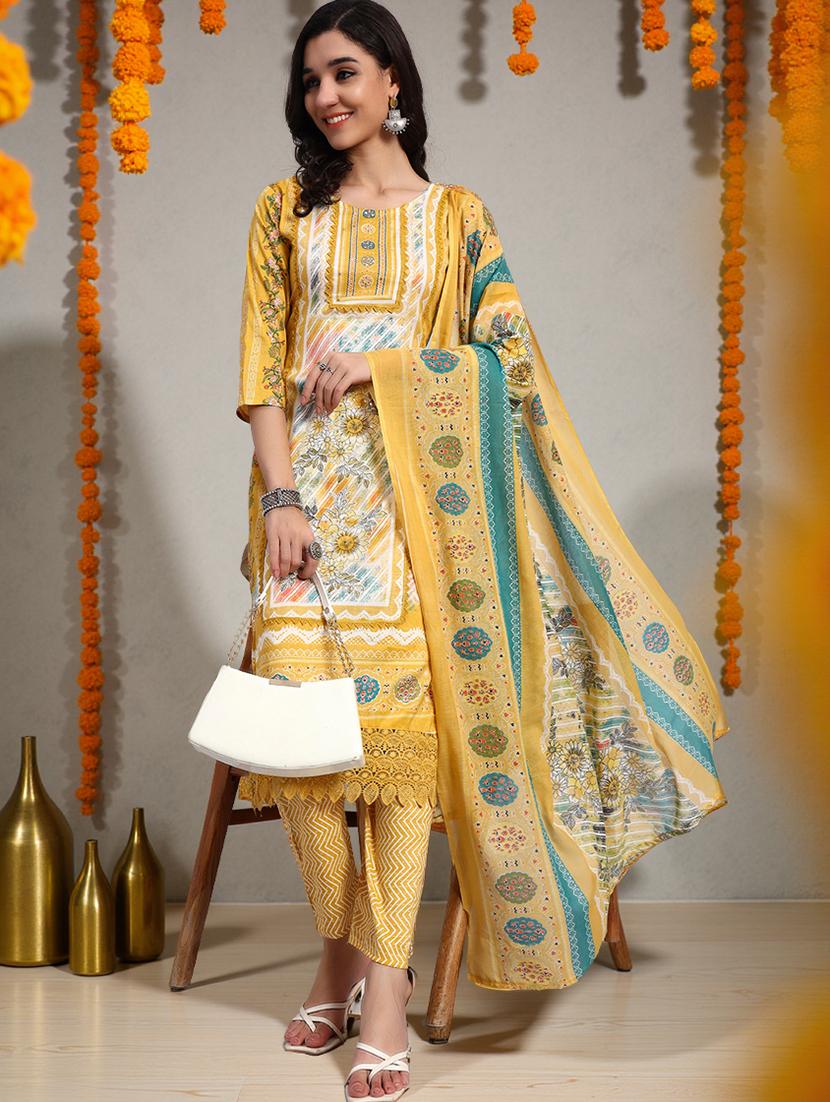 women three quarter sleeve kurta pant with dupatta set