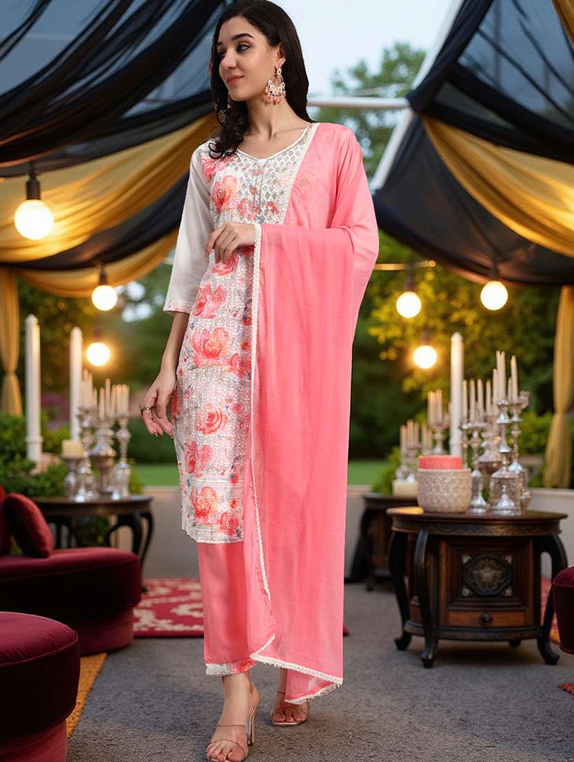 women three quarter sleeve kurta pant with dupatta set