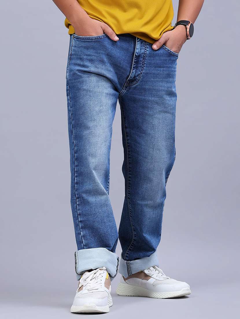men washed mid rise full length jeans