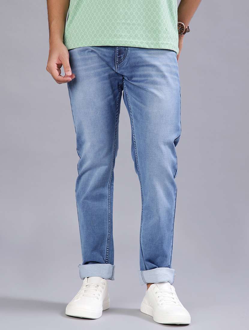 men washed mid rise full length jeans