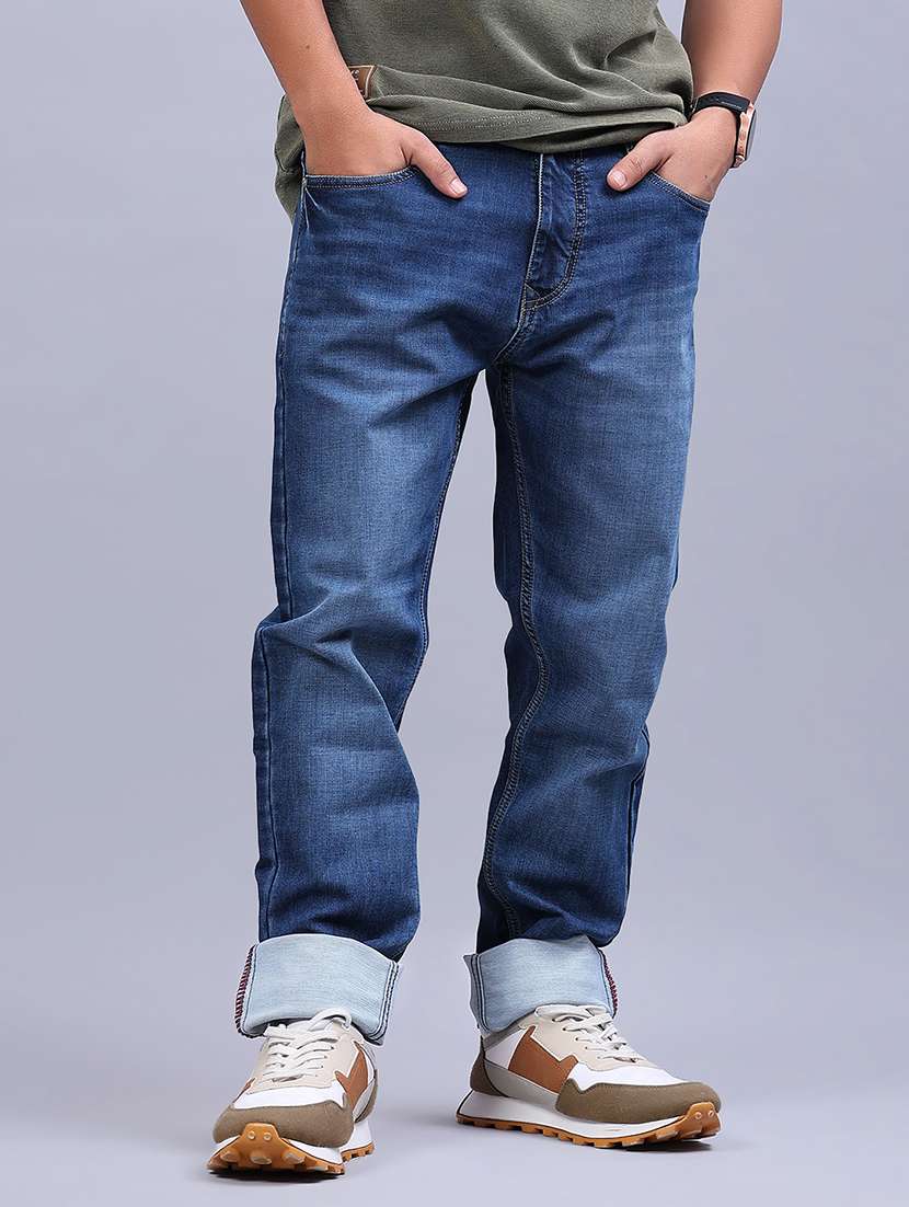 men washed mid rise full length jeans