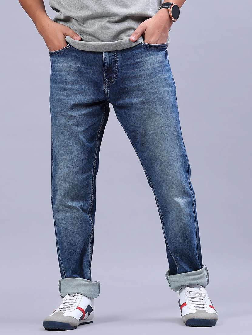 men washed mid rise full length jeans