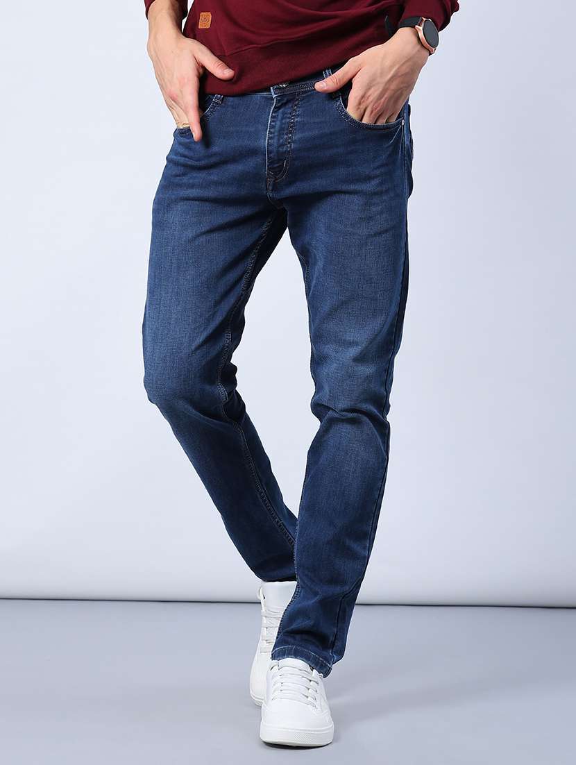 men washed mid rise full length jeans