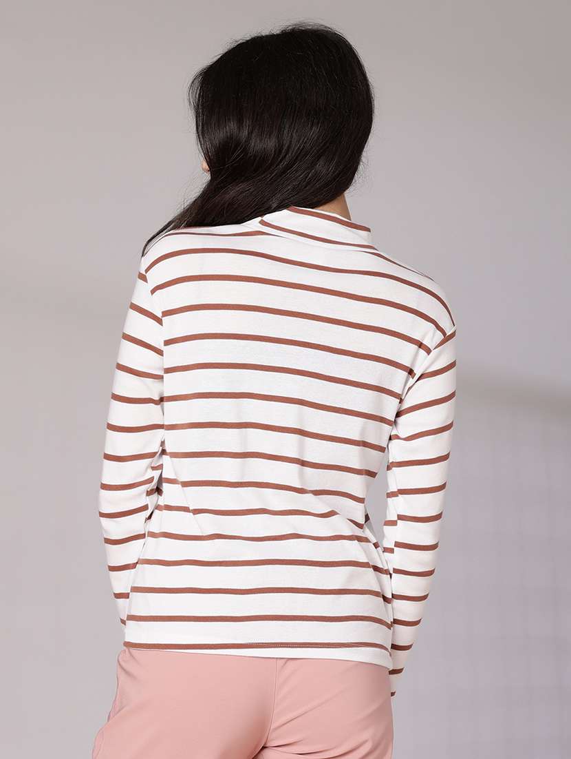 women striped mock neck long sleeve t-shirt - 21982589 -  Standard Image - 3