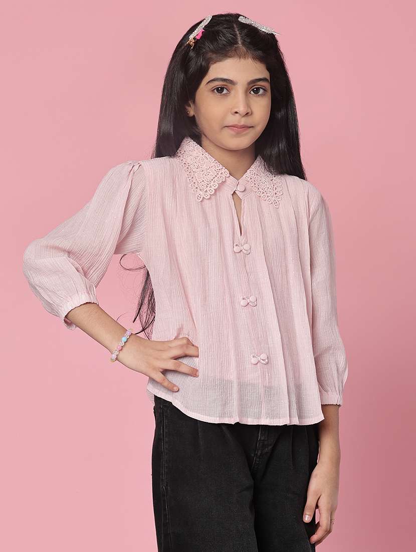 girls solid collared puff sleeve top