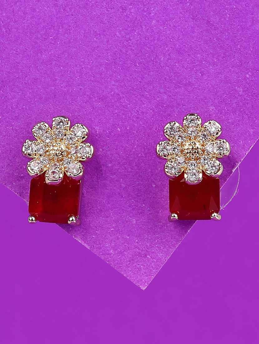 maroon emerald cut stone flower stud earrings