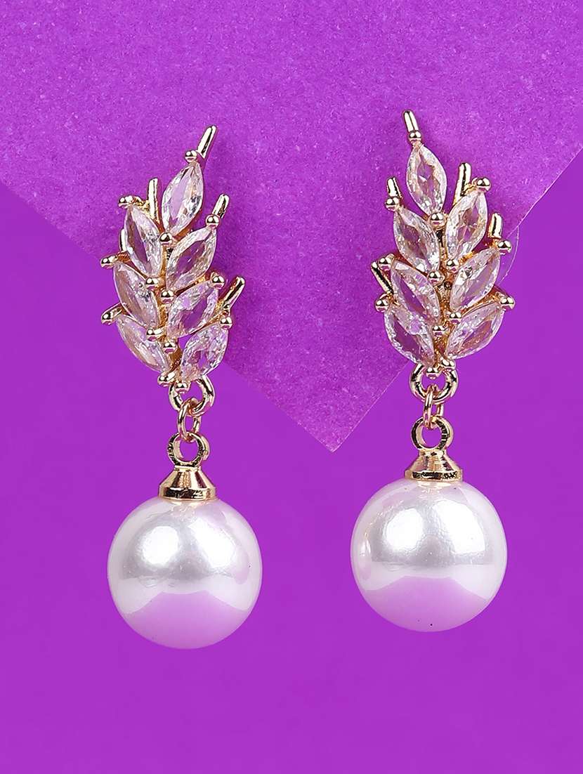 white pearl drop earrings with crystal embellishment