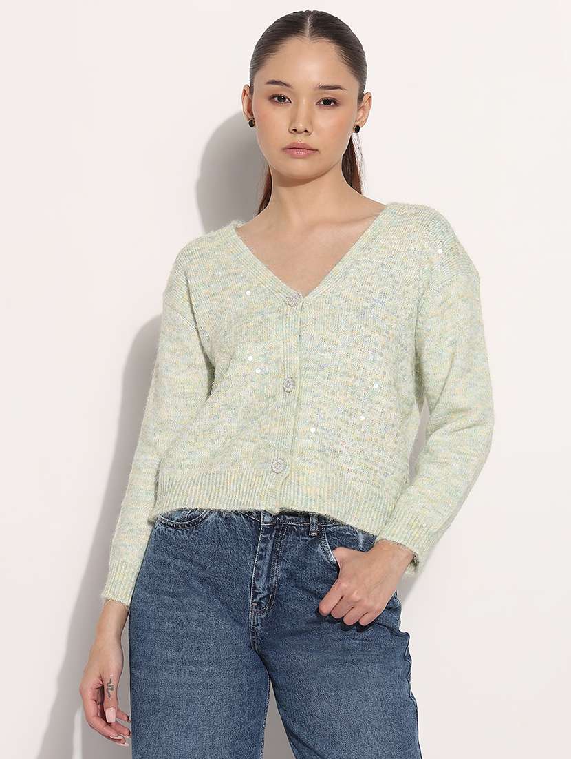 Women Embellished Long Sleeve Crop Cardigan