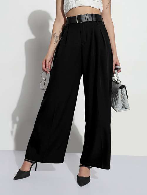 women solid high rise pleated korean pants - 21982933 - Standard Image - 0